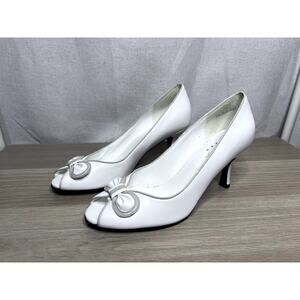 Covington White Taupe Retro‎ Bow Peep Toe Bridal Event Heels